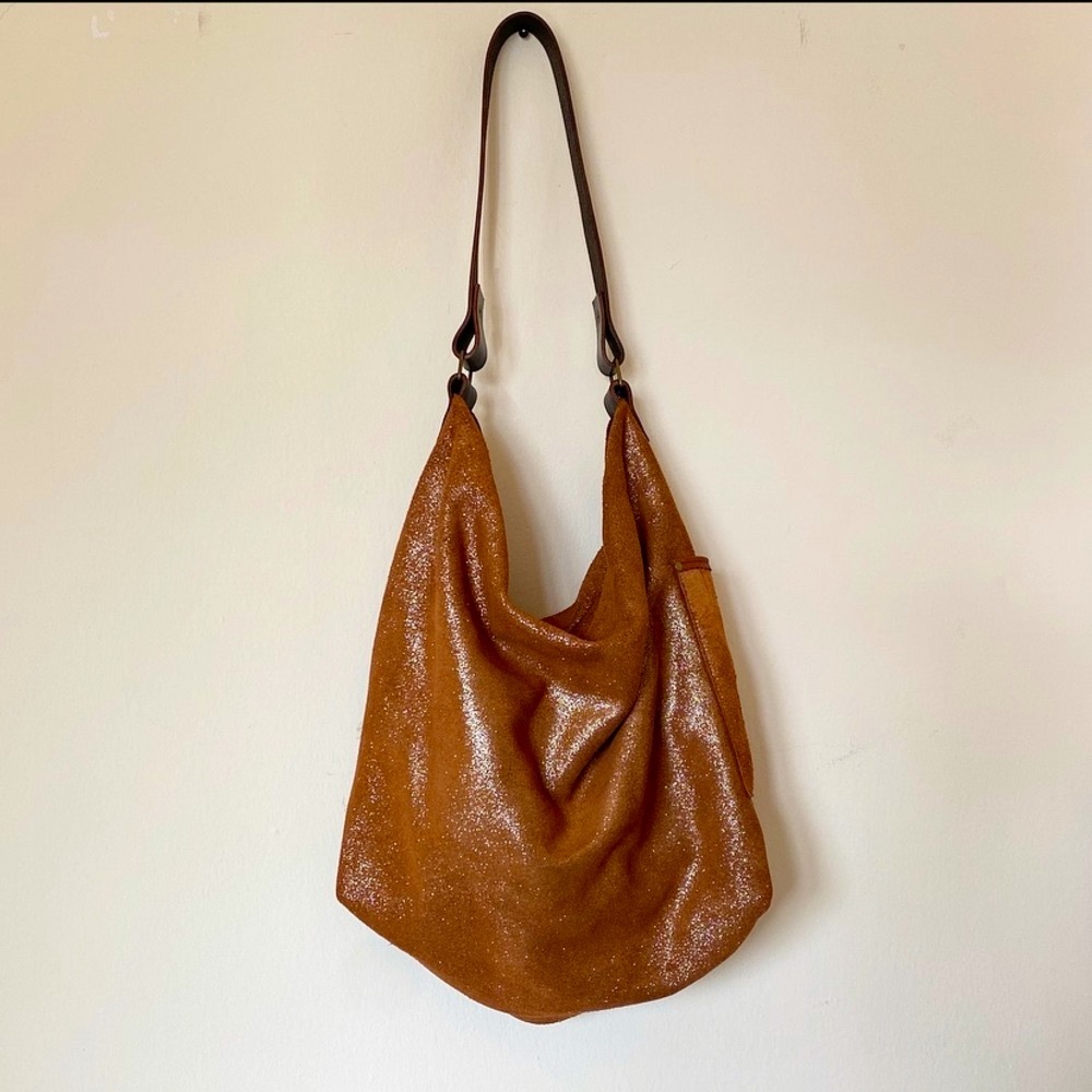 Lara B “Brandy Sparkle” Brown Sparkly Leather Tote Bag w Zipper Top